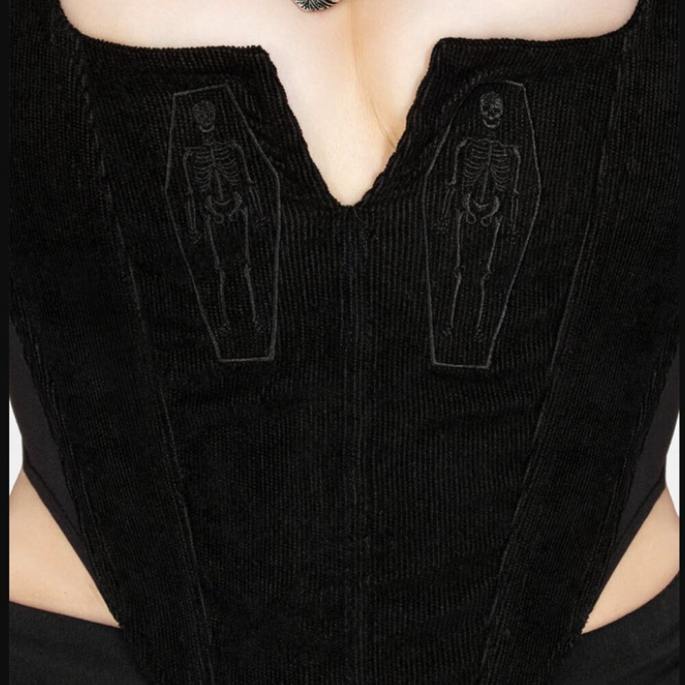 Disturbia Immortal Split Black Corset Skeleton Embroidered Crop Tank - Picture 3 of 5